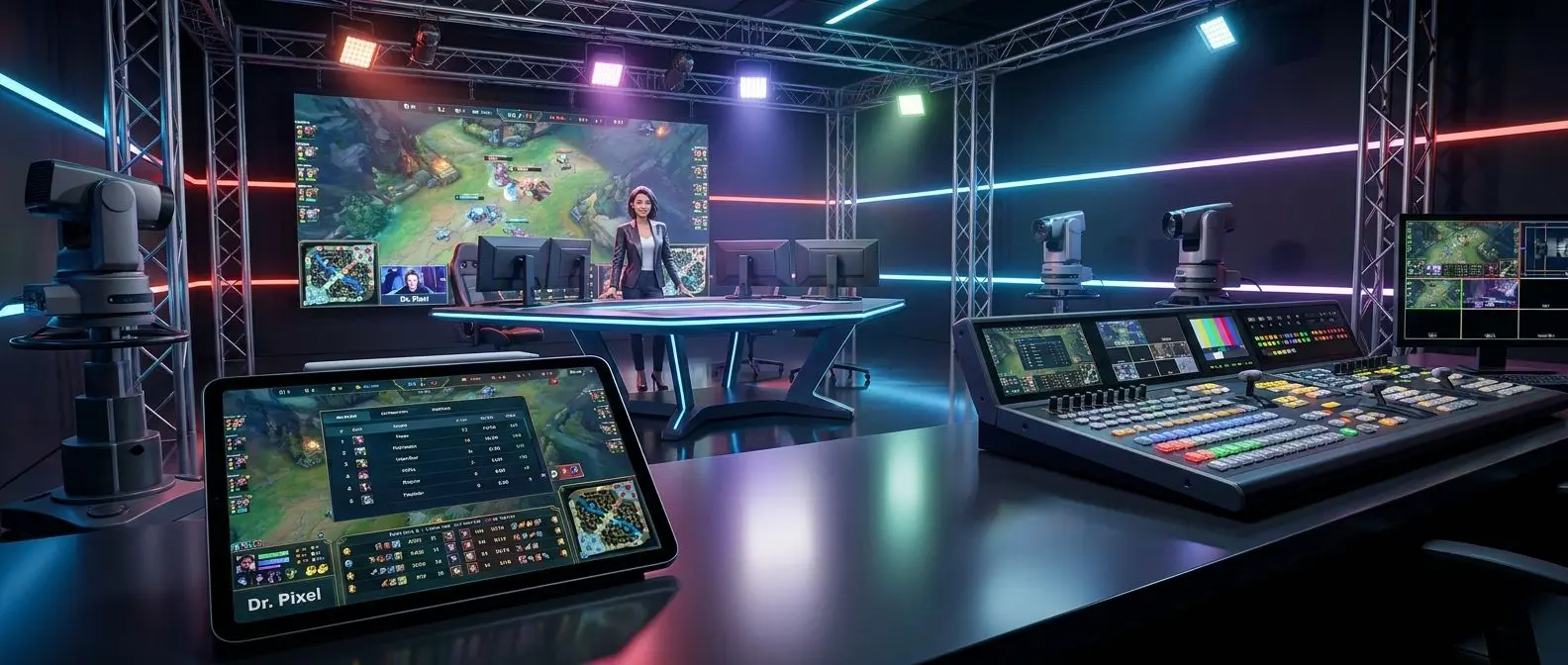 Live studio table with host and player interface on screen