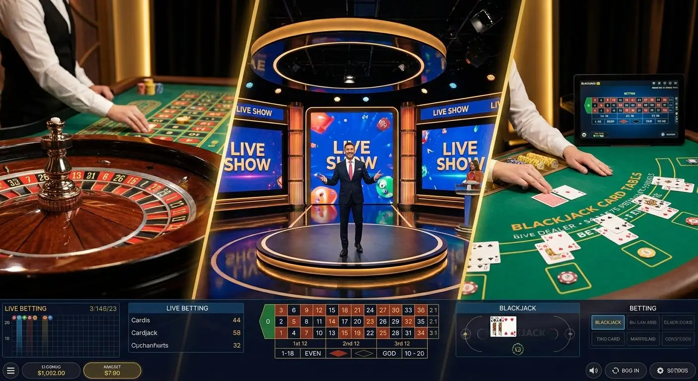 Different real-time game formats Collage of roulette blackjack and live show formats