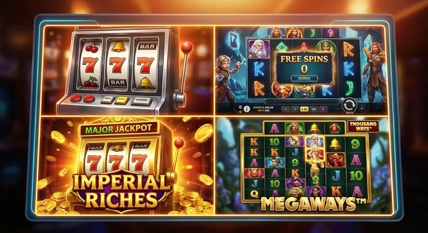 Different PlayOJO slot types Collage of classic, video and jackpot slot styles
