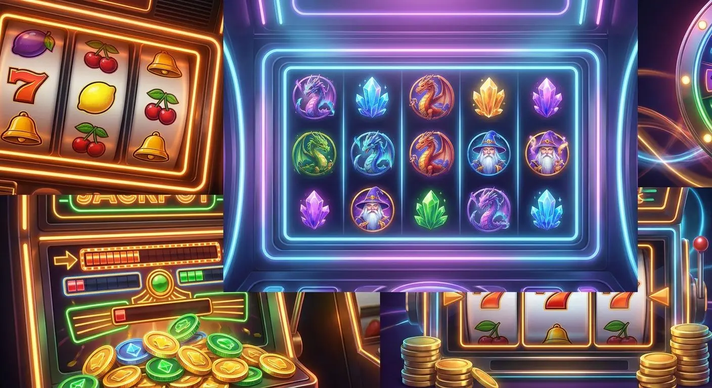 Collage showing classic, fantasy and jackpot style slot reels