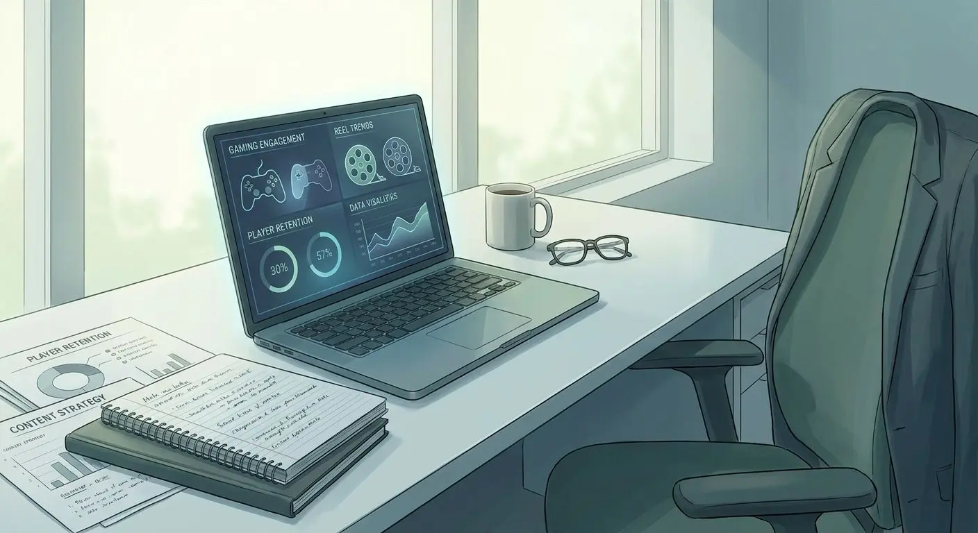 Editorial illustration of an analyst reviewing online slot content