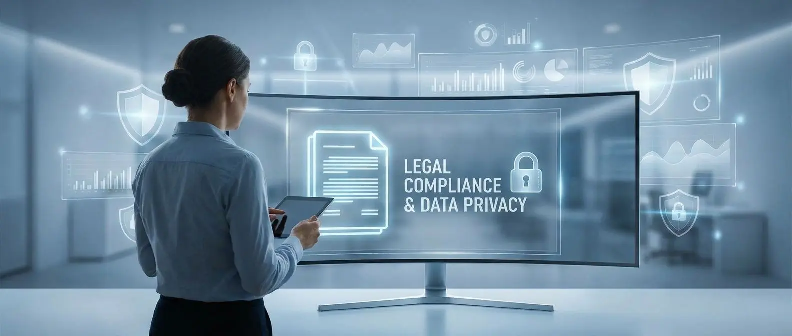 Player reviewing secure data access document on screen with privacy icons