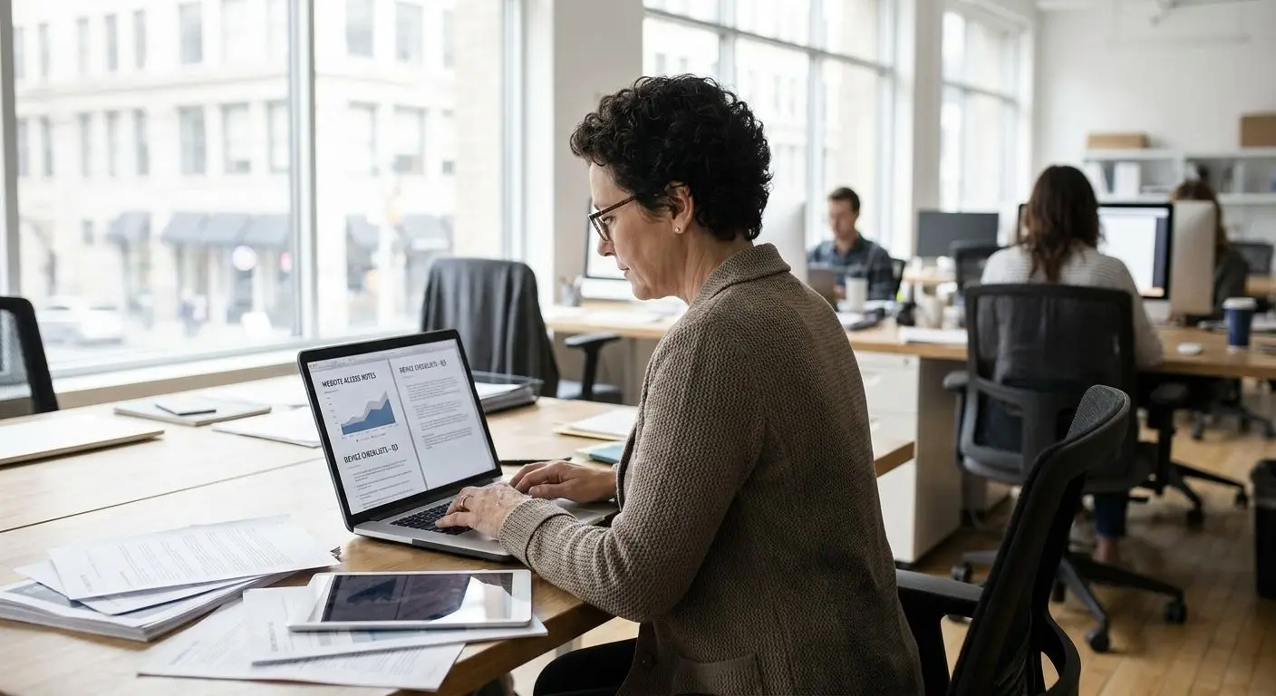 About the author access issue analyst illustration Fictional analyst reviewing website access issues on a laptop