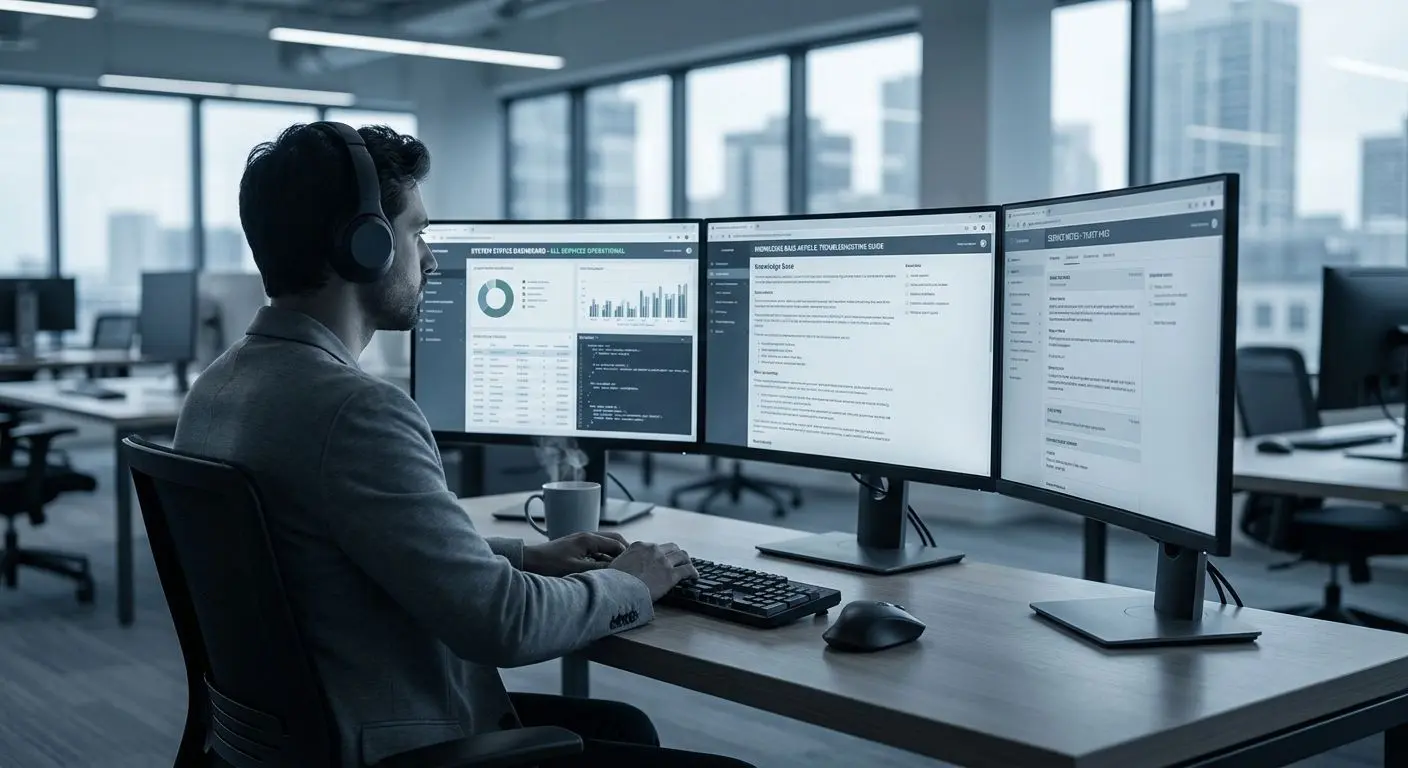 Editorial illustration of an expert reviewing support and status data
