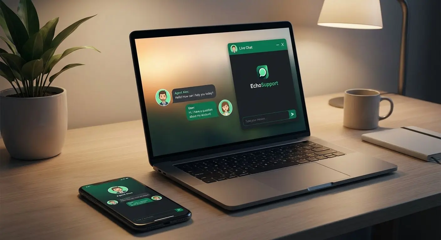 Live chat support window on laptop and smartphone screens