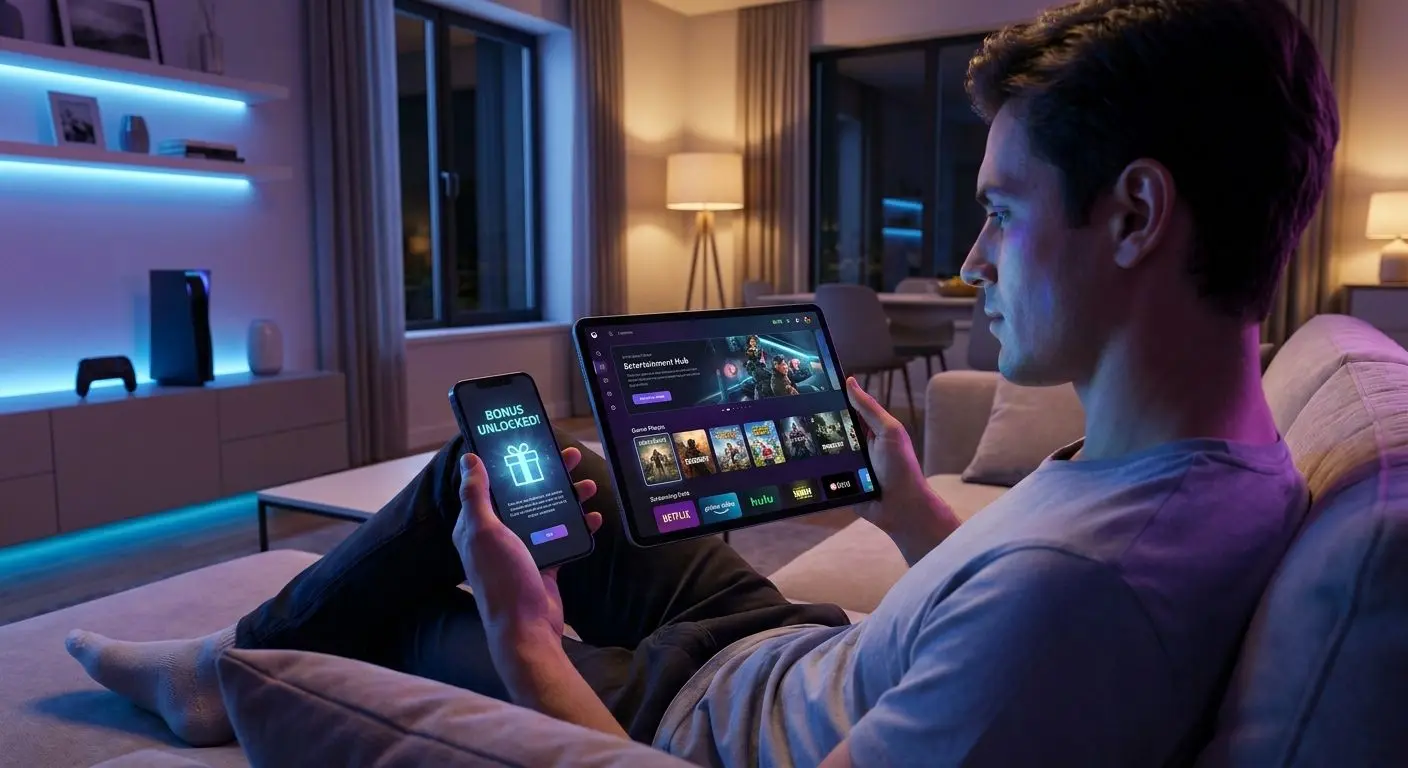 Mobile device showing bonus and games on an online gaming platform
