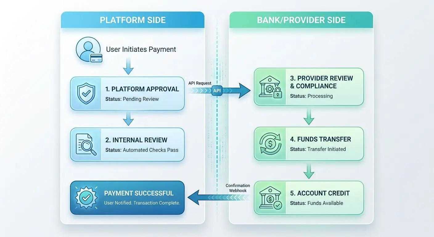 Internal processing vs bank payout speed Diagram showing withdrawal processing split between platform and bank